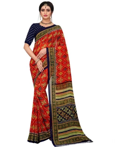 Generic Women's Georgette Floral Print Saree With Unstitched Blouse 5.5Mtr (Multicolor)