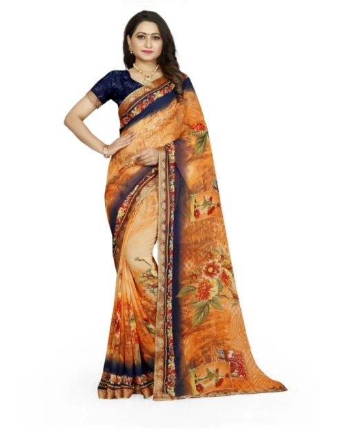 Generic Women's Georgette Floral Print Saree With Unstitched Blouse 5.5Mtr (Blue-Orange)