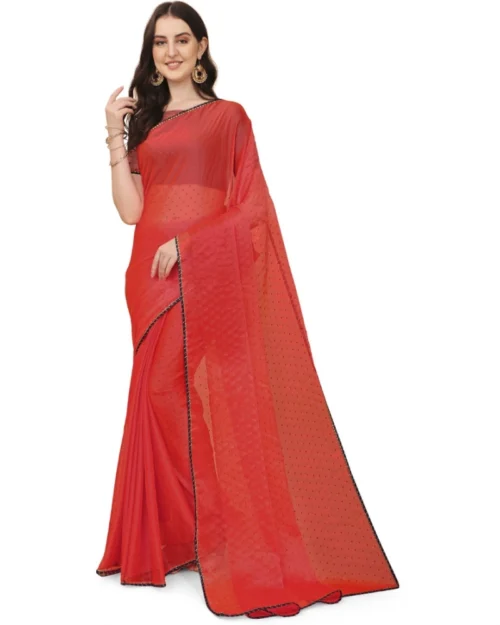 Generic Women's Silk Blend Embellished Saree With Unstitched Blouse 5.5Mtr (Red)