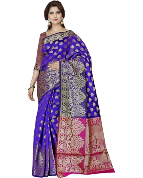 Generic Women's Jacquard Woven Saree With Unstitched Blouse 5.5Mtr (Blue)