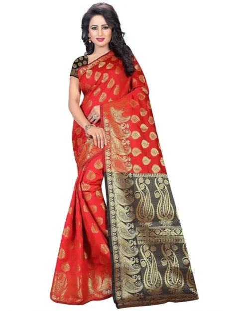 Generic Women's Jacquard Woven Saree With Unstitched Blouse 5.5Mtr (Red)