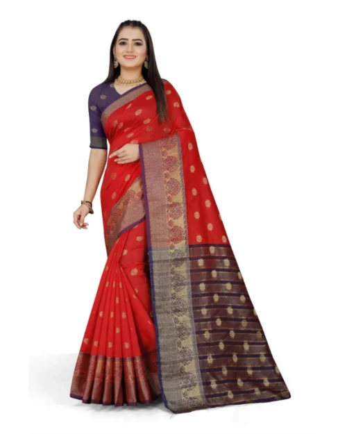 Generic Women's Jacquard Woven Saree With Unstitched Blouse 5.5Mtr (Red)
