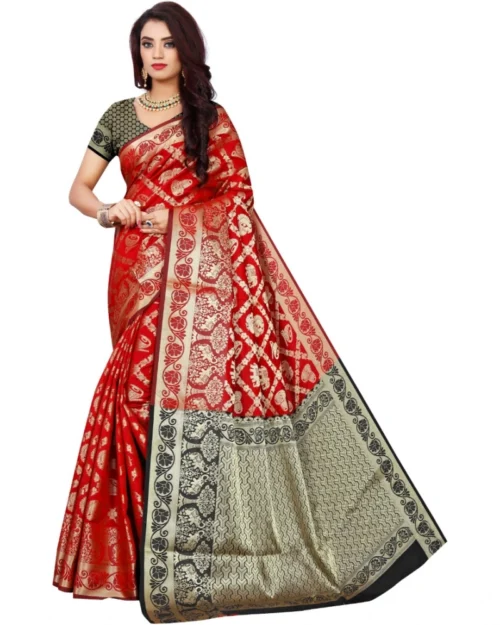 Generic Women's Jacquard Woven Saree With Unstitched Blouse 5.5Mtr (Red)