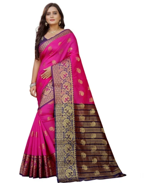 Generic Women's Silk Blend Woven Saree With Unstitched Blouse 5.5Mtr (Pink-Beige)