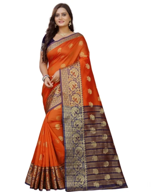 Generic Women's Silk Blend Woven Saree With Unstitched Blouse 5.5Mtr (Gold-Orange)