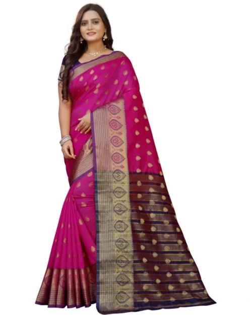Generic Women's Silk Blend Woven Saree With Unstitched Blouse 5.5Mtr (Purple-Pink)