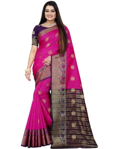 Generic Women's Silk Blend Woven Saree With Unstitched Blouse 5.5Mtr (Blue-Pink)