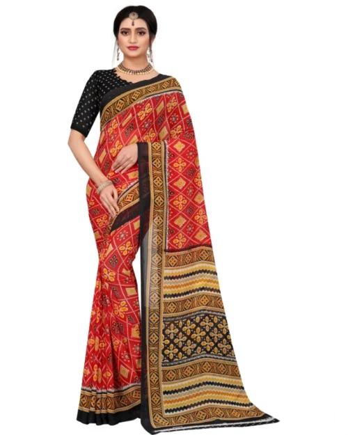 Generic Women's Georgette Floral Print Saree With Unstitched Blouse 5.5Mtr (Red)