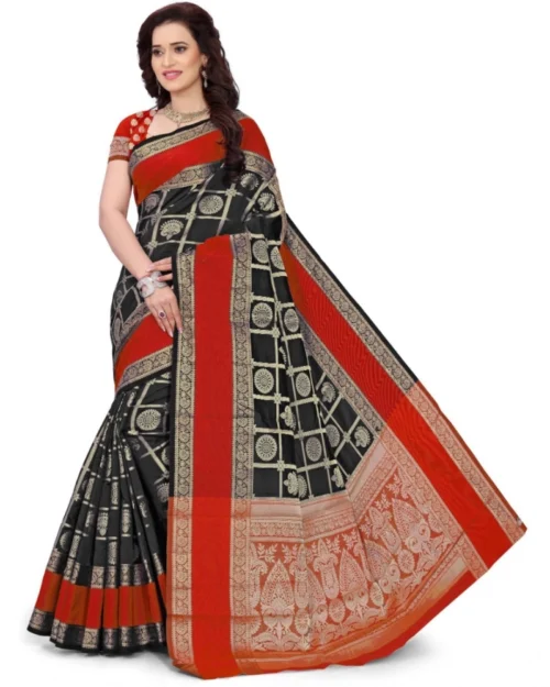 Generic Women's Jacquard Woven Saree With Unstitched Blouse 5.5Mtr (Red-Black)