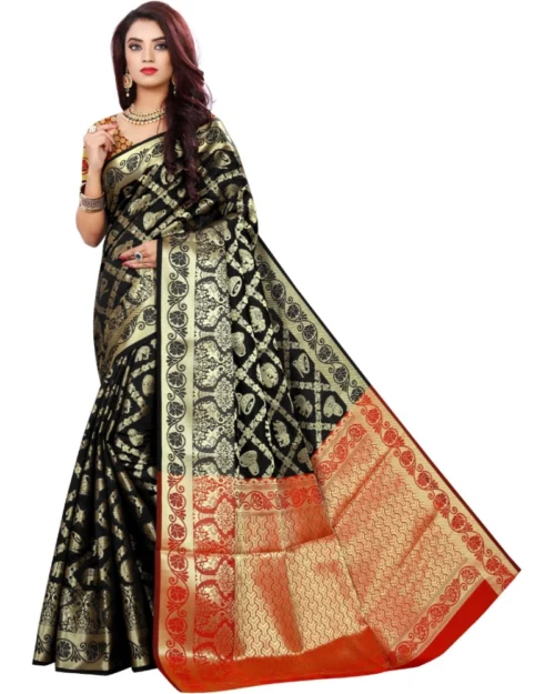 Generic Women's Jacquard Woven Saree With Unstitched Blouse 5.5Mtr (Black)