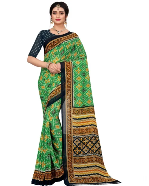 Generic Women's Georgette Floral Print Saree With Unstitched Blouse 5.5Mtr (Light Green)