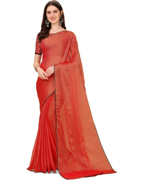Generic Women's Silk Blend Embellished Saree With Unstitched Blouse 5.5Mtr (Red)