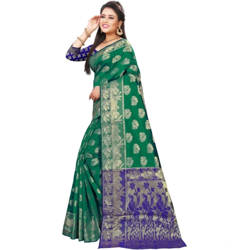 53926442084_6ef722ecb3_o_d-1000x1000-1.webp Generic Women's Jacquard Woven Saree With Unstitched Blouse 5.5Mtr (Green)