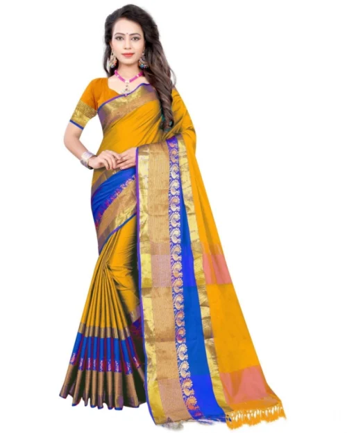 Generic Women's Jacquard Woven Saree With Unstitched Blouse 5.5Mtr (Yellow)