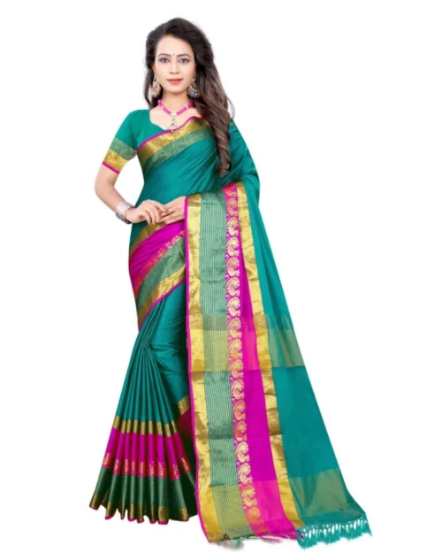 Generic Women's Jacquard Woven Saree With Unstitched Blouse 5.5Mtr (Dark Green)
