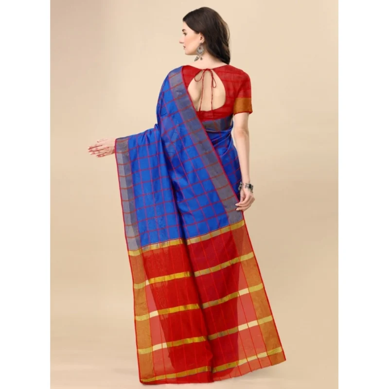53926444984_fceef62ef1_o_d-1000x1000-1.webp Generic Women's Cotton Silk Checkered Saree With Unstitched Blouse 5.5Mtr (Blue)