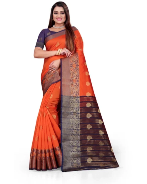 Generic Women's Silk Blend Woven Saree With Unstitched Blouse 5.5Mtr (Orange)