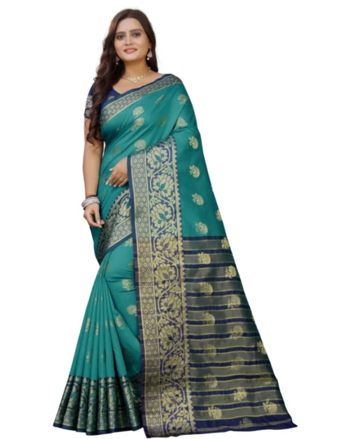 Generic Women's Silk Blend Woven Saree With Unstitched Blouse 5.5Mtr (Dark Blue-Green)