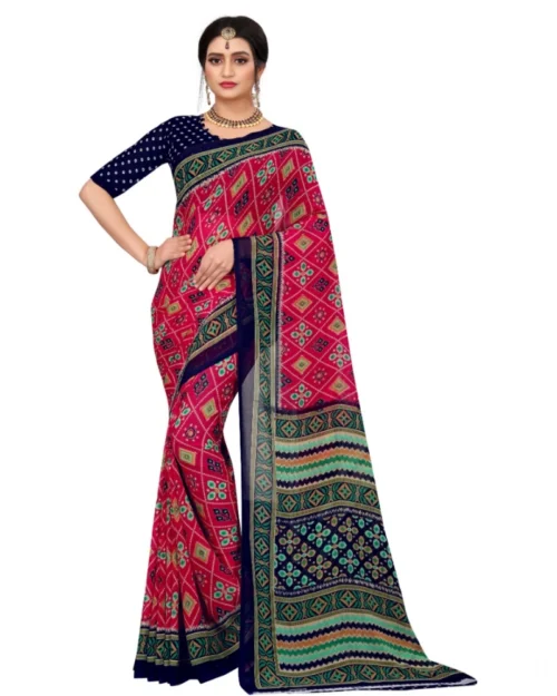 Generic Women's Georgette Floral Print Saree With Unstitched Blouse 5.5Mtr (Pink)