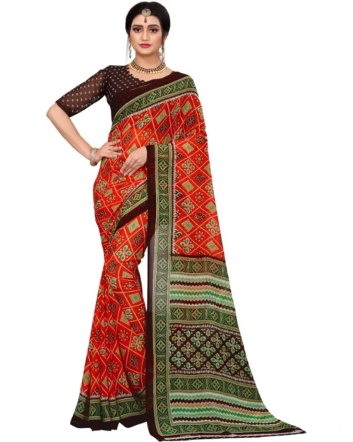 Generic Women's Georgette Floral Print Saree With Unstitched Blouse 5.5Mtr (Orange)