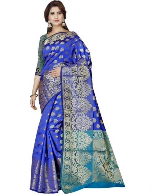 Generic Women's Jacquard Woven Saree With Unstitched Blouse 5.5Mtr (Dark Blue)