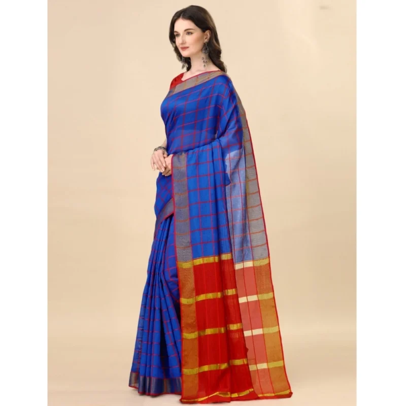 53926543545_486425bd51_o_d-1000x1000-1.webp Generic Women's Cotton Silk Checkered Saree With Unstitched Blouse 5.5Mtr (Blue)