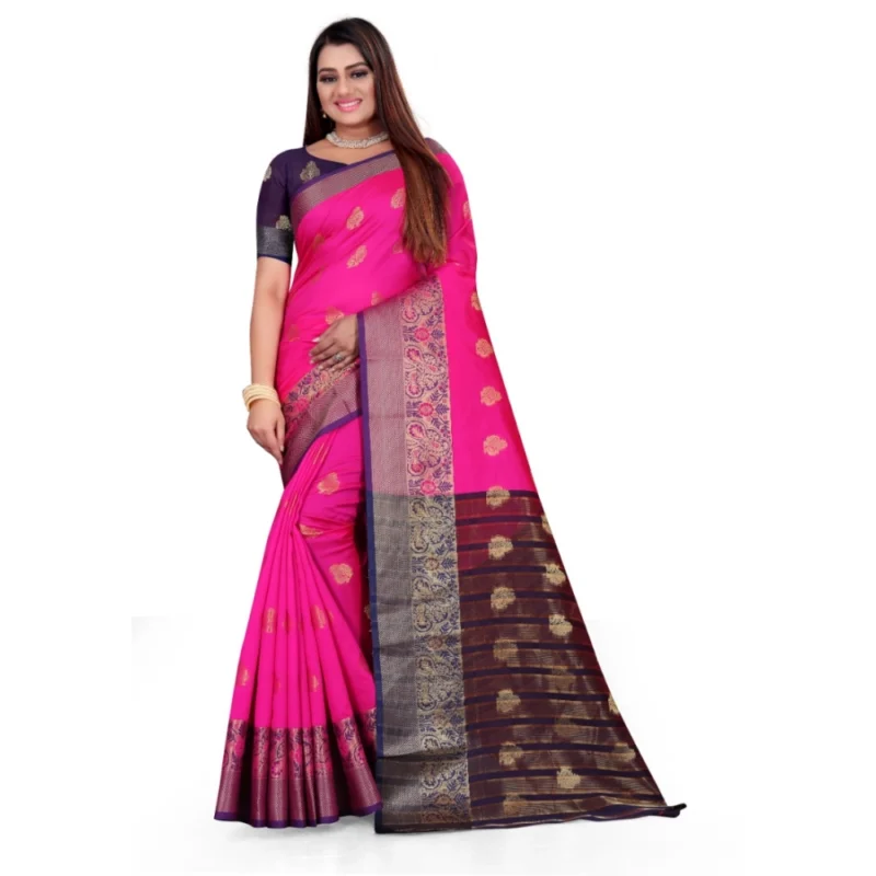 53926548830_635408eeed_o_d-1000x1000-1.webp Generic Women's Silk Blend Woven Saree With Unstitched Blouse 5.5Mtr (Pink)