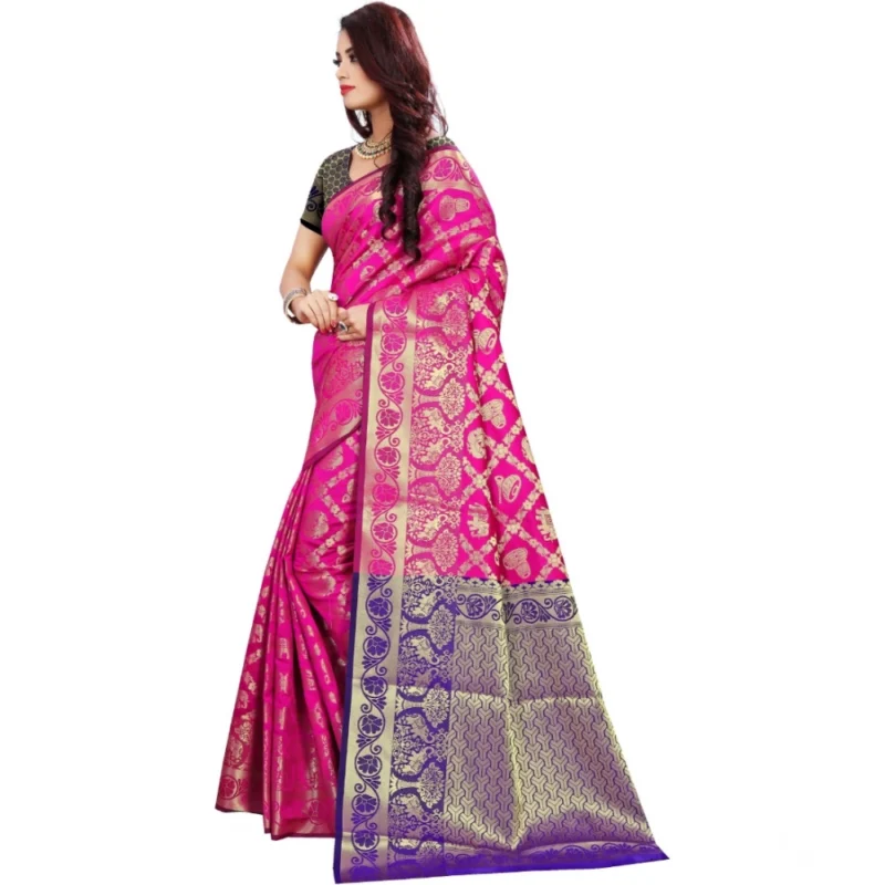 53926550805_3825439743_o_d-1000x1000-1.webp Generic Women's Jacquard Woven Saree With Unstitched Blouse 5.5Mtr (Pink)