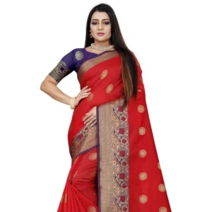53926555545_7e0fdbbc23_o_d-1000x1000-1.webp Generic Women's Silk Blend Woven Saree With Unstitched Blouse 5.5Mtr (Red-Blue)
