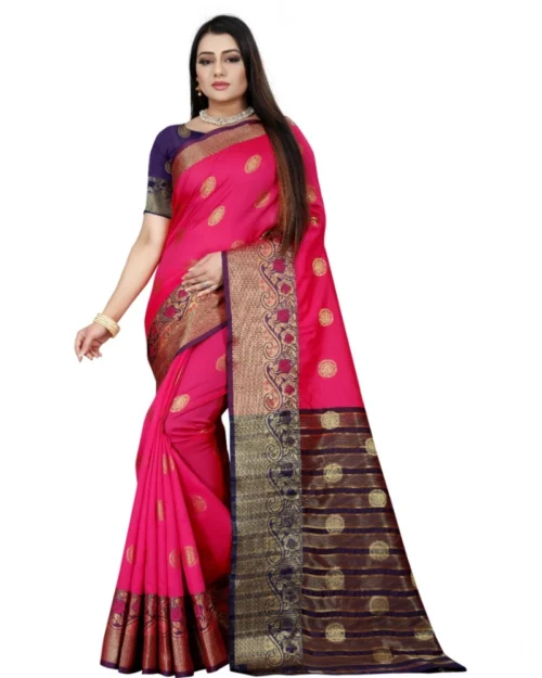 Generic Women's Silk Blend Woven Saree With Unstitched Blouse 5.5Mtr (Blue-Pink)
