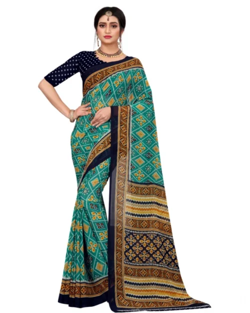 Generic Women's Georgette Floral Print Saree With Unstitched Blouse 5.5Mtr (Dark Green)