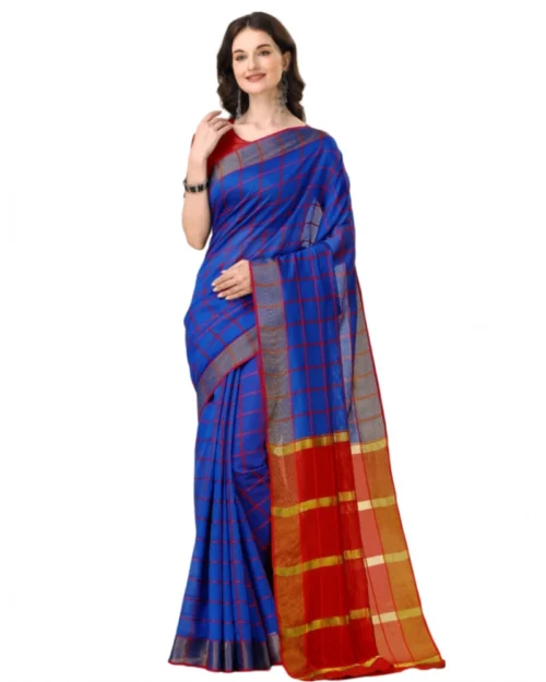 Generic Women's Cotton Silk Checkered Saree With Unstitched Blouse 5.5Mtr (Blue)