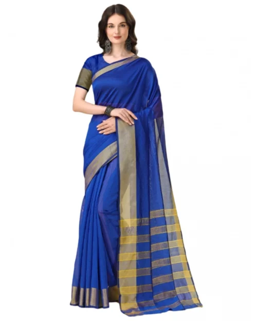 Generic Women's Cotton Silk Striped Saree With Unstitched Blouse 5.5Mtr (Multicolor)