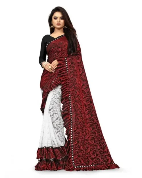 Generic Women's Silk With Mirror Lace Solid Saree With Unstitched Blouse (Red, 5-5 Mtrs)