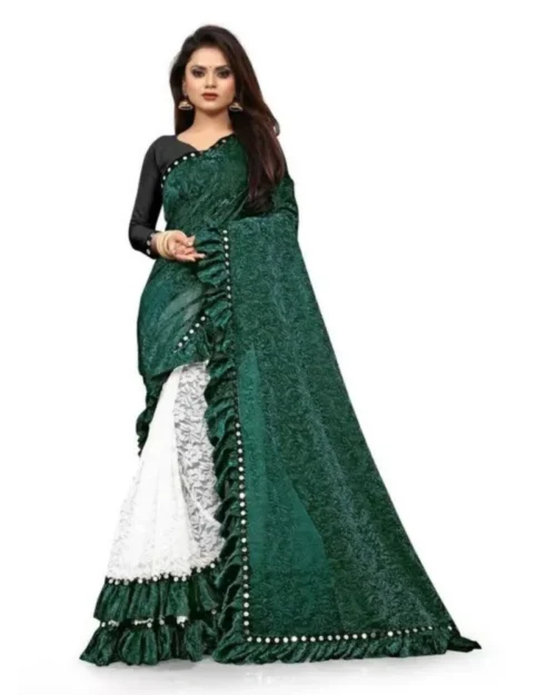 Generic Women's Silk With Mirror Lace Solid Saree With Unstitched Blouse (Green, 5-5 Mtrs)