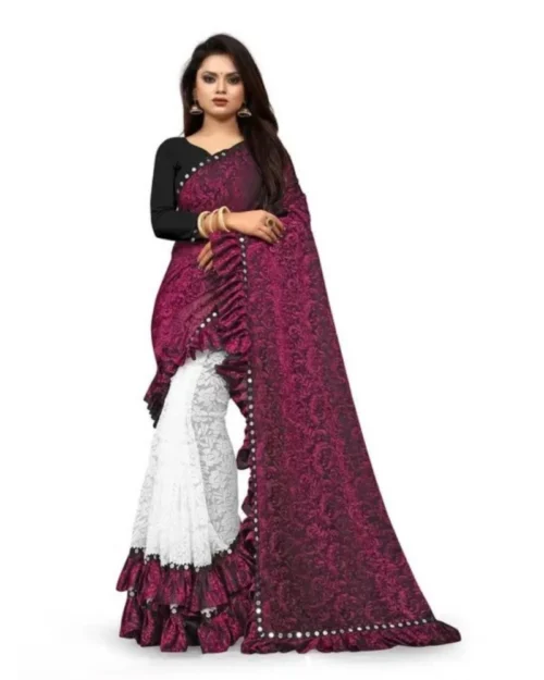 Generic Women's Silk With Mirror Lace Solid Saree With Unstitched Blouse (Pink, 5-5 Mtrs)