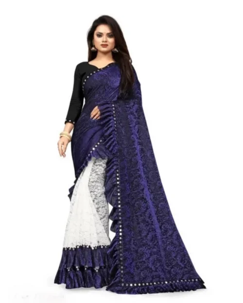 Generic Women's Silk With Mirror Lace Solid Saree With Unstitched Blouse (Blue, 5-5 Mtrs)