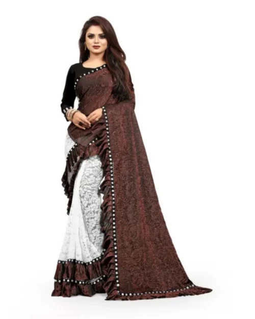 Generic Women's Silk With Mirror Lace Solid Saree With Unstitched Blouse (Brown, 5-5 Mtrs)