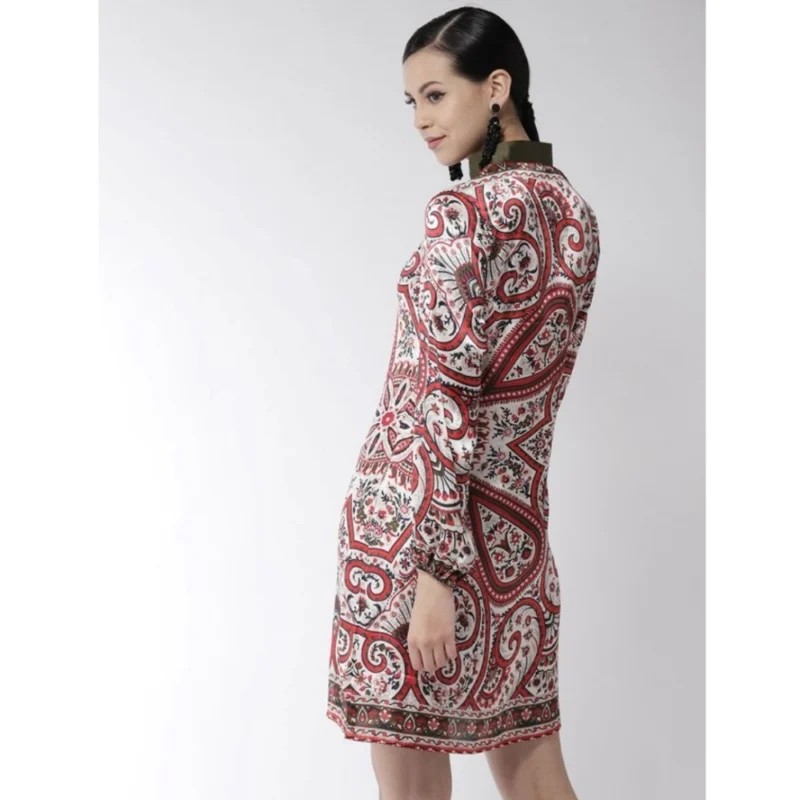 Generic Women's Polyester Printed Long Sleeves Above Knee Dress (Red)