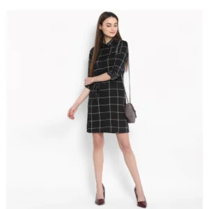 54035139388_7963131113_o_d-1000x1000-1.webp Generic Women's Polyester Checkered Roll Up Sleeve Above Knee Dress (Black - White)