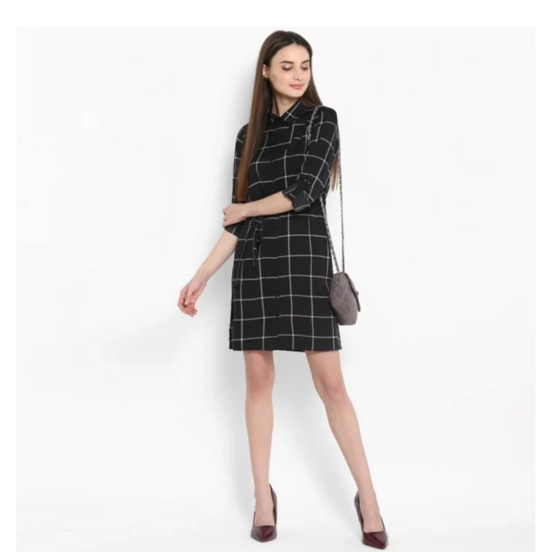 54035139388_7963131113_o_d-1000x1000-1.webp Generic Women's Polyester Checkered Roll Up Sleeve Above Knee Dress (Black - White)