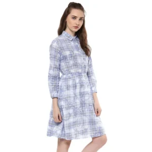 Generic Women's Cotton Checkered Roll Up Sleeve Above Knee Dress (Blue)