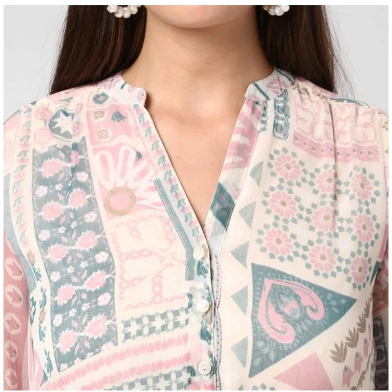 Generic Women's Polyester Printed Long Sleeves Above Knee Dress (Light Pink - Off White)