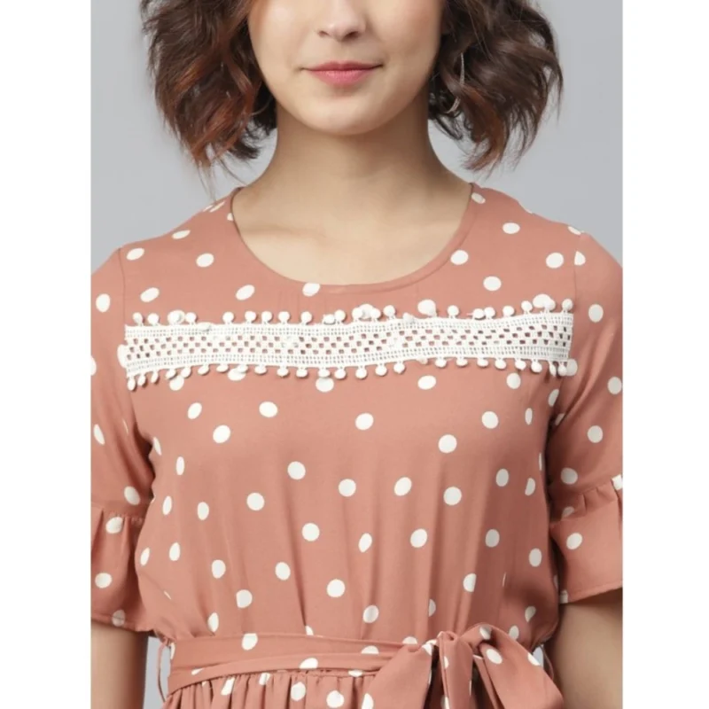 Generic Women's Polyester Polka Bell Sleeve Above Knee Dress (Brown)