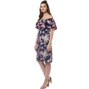 54035343935_939498544f_o_d-1000x1000-1.webp Generic Women's Polyester Crepe Floral Half Sleeve Above Knee Dress (Navy Blue)