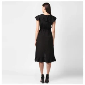 Generic Women's Polyester Ruffled Cap Sleeve Knee-Length Dress (Black)