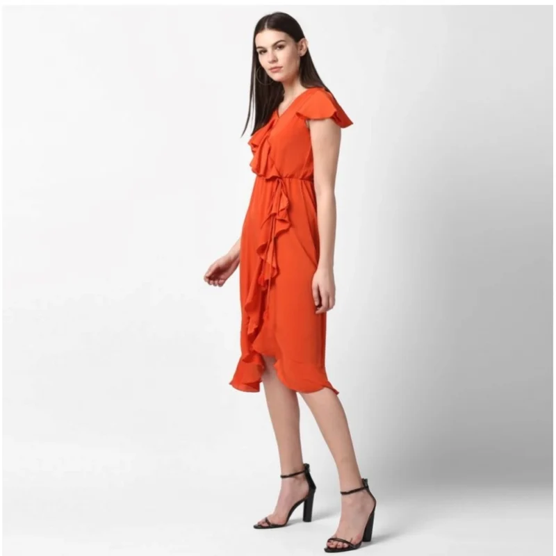 54035352530_f251697789_o_d-1000x1000-1.webp Generic Women's Polyester Ruffled Cap Sleeve Knee-Length Dress (Orange)