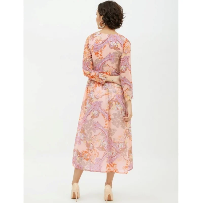 Generic Women's Polyester Printed Long Sleeves Calf-length Dress (Multicolor)