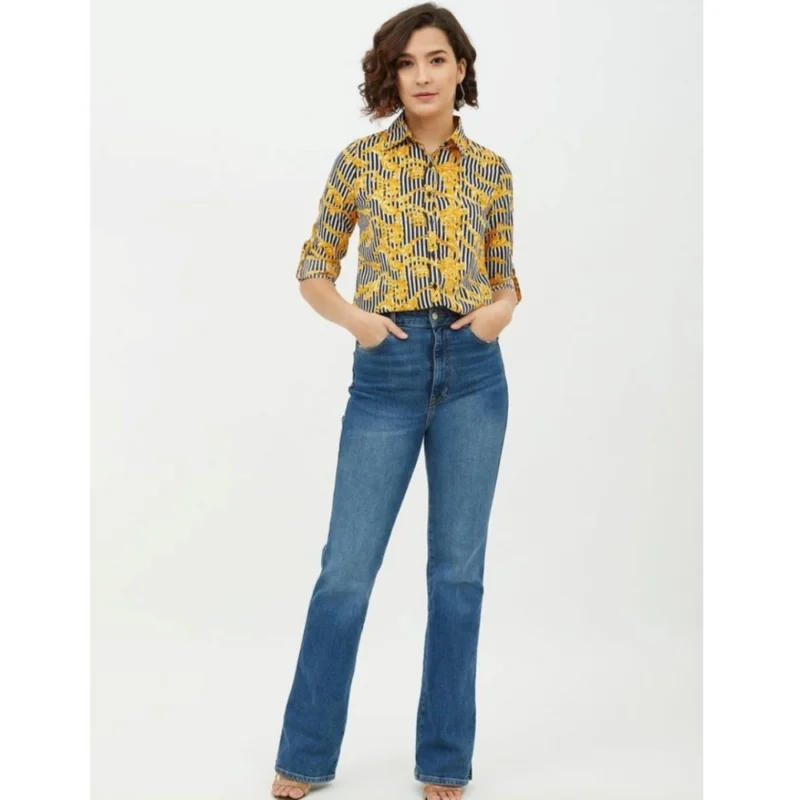 Generic Women's Polyester Printed Roll Up Sleeve Standard Length Shirt (Mustared)