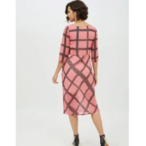 54039185396_22febb210f_o_d-1000x1000-1.webp Generic Women's Polyester Checkered 3-4th Sleeves Below Knee Dress (Pink)